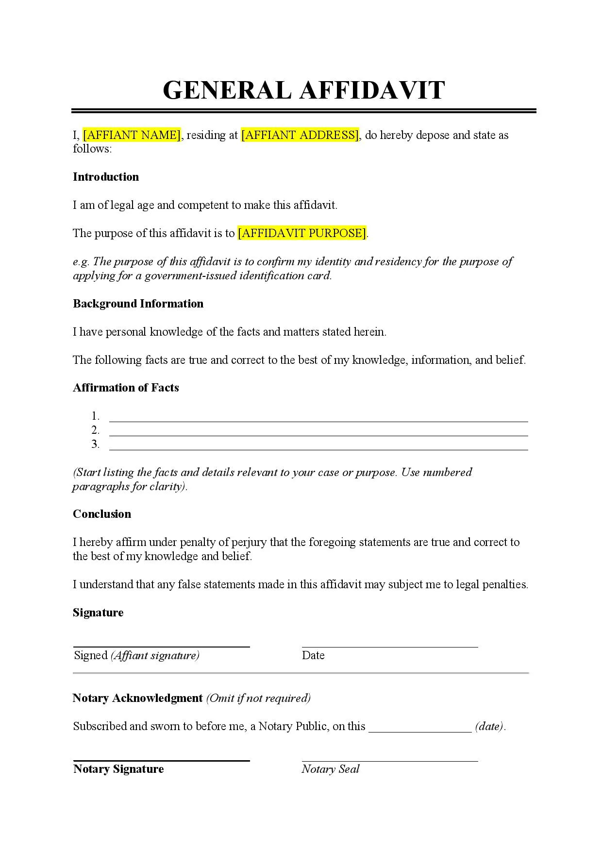 General Affidavit Template - Free Download - Easy Legal Docs for Free Printable Blank Affidavit Form