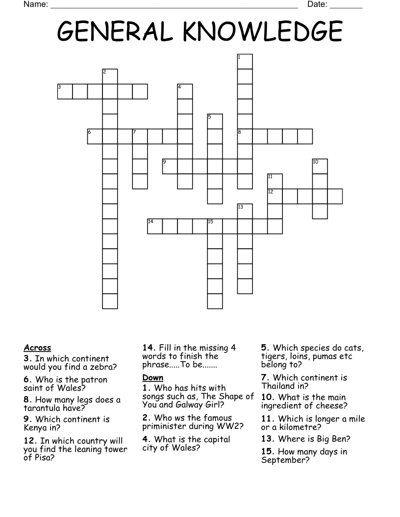 General Knowledge Crossword - Wordmint with regard to Free Printable General Knowledge Crossword Puzzles