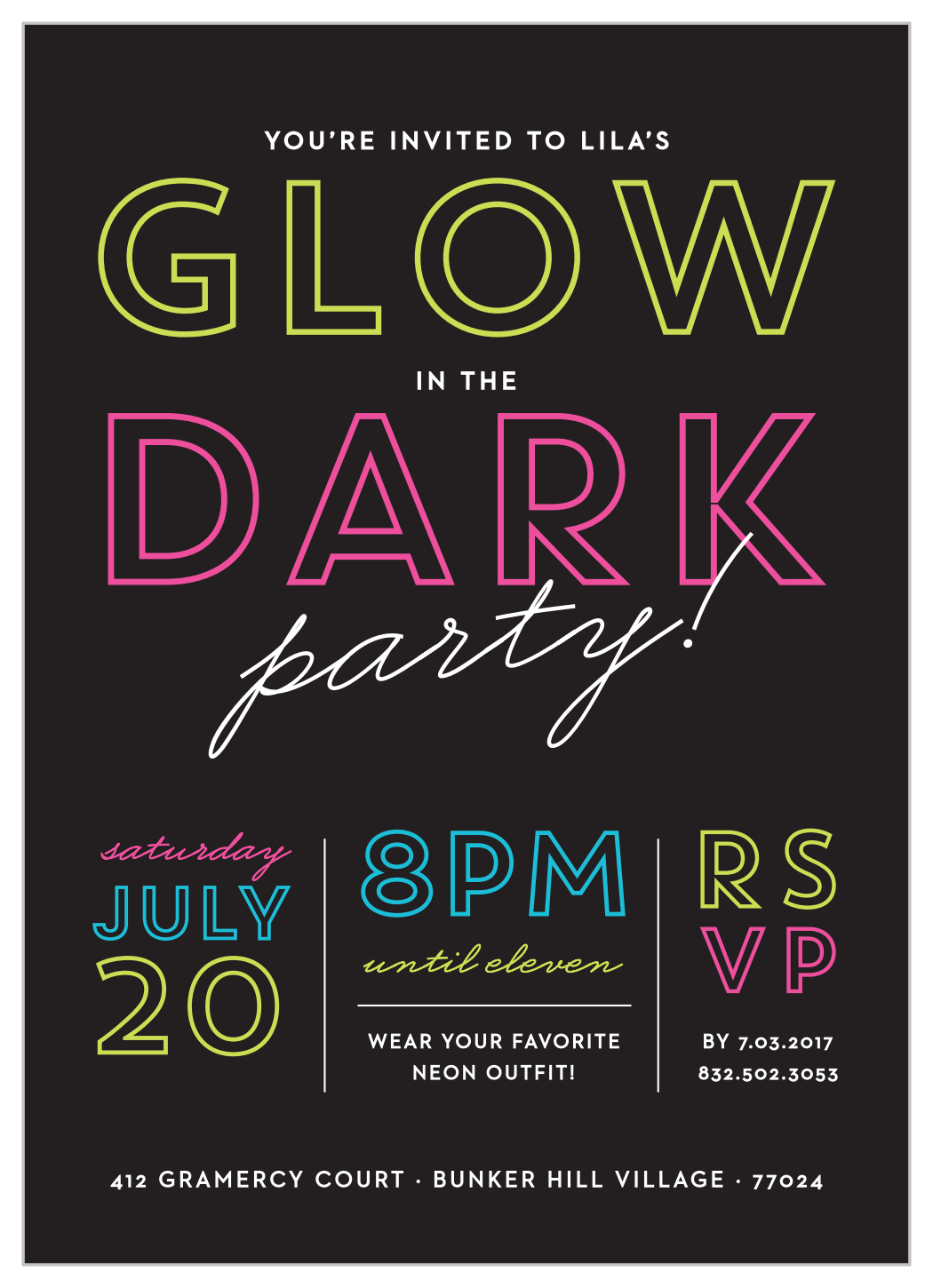 Glow In The Dark Children&amp;#039;S Birthday Invitationsbasic Invite regarding Free Printable Glow in the Dark Birthday Party Invitations