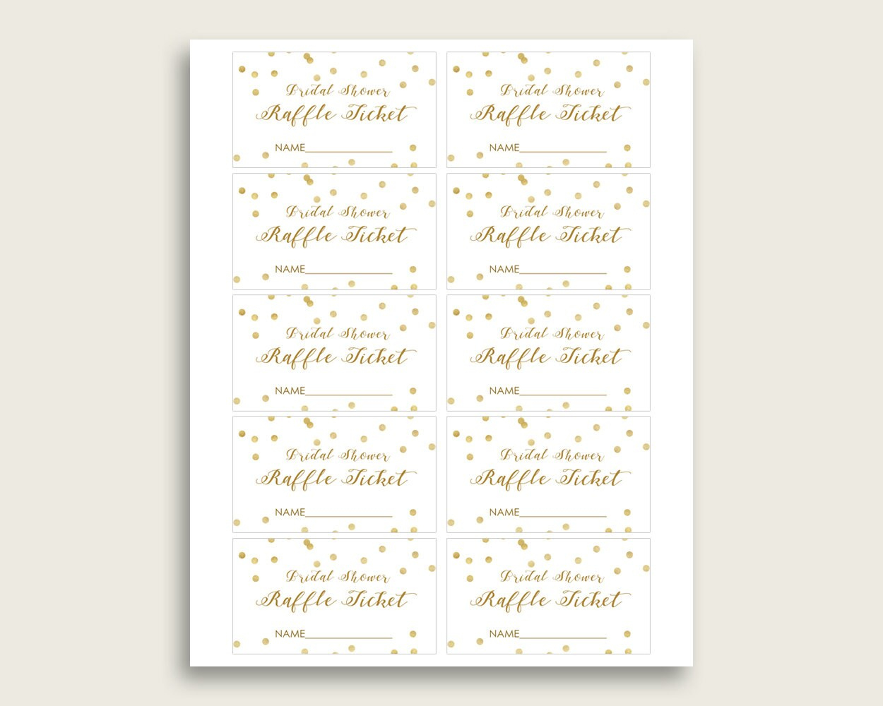 Gold Confetti Bridal Shower Raffle Tickets, Gold White Bridal within Free Printable Bridal Shower Raffle Tickets