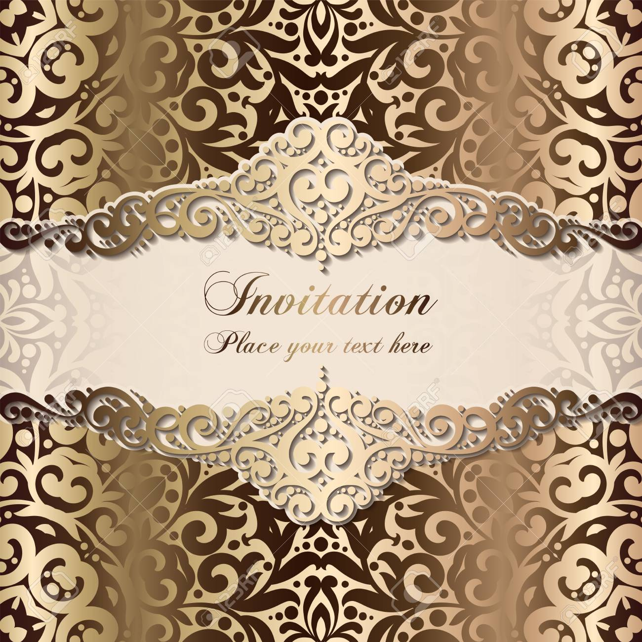 Gold Wedding Invitation Card Template Design With Damask Pattern with regard to Free Printable Damask Place Cards