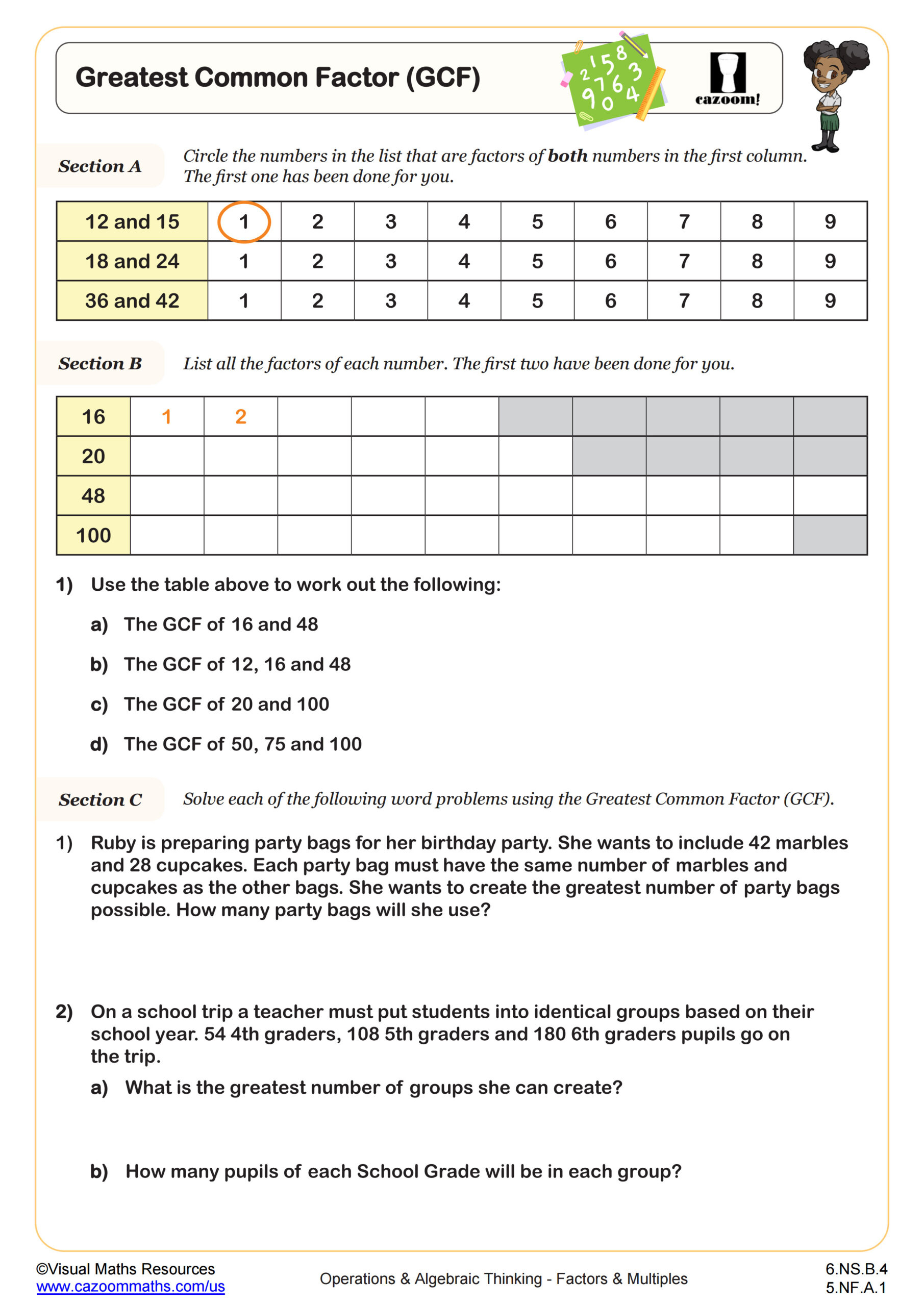 Greatest Common Factor (Gcf) Worksheet | Pdf Printable Operations inside Free Printable Greatest Common Factor Worksheets