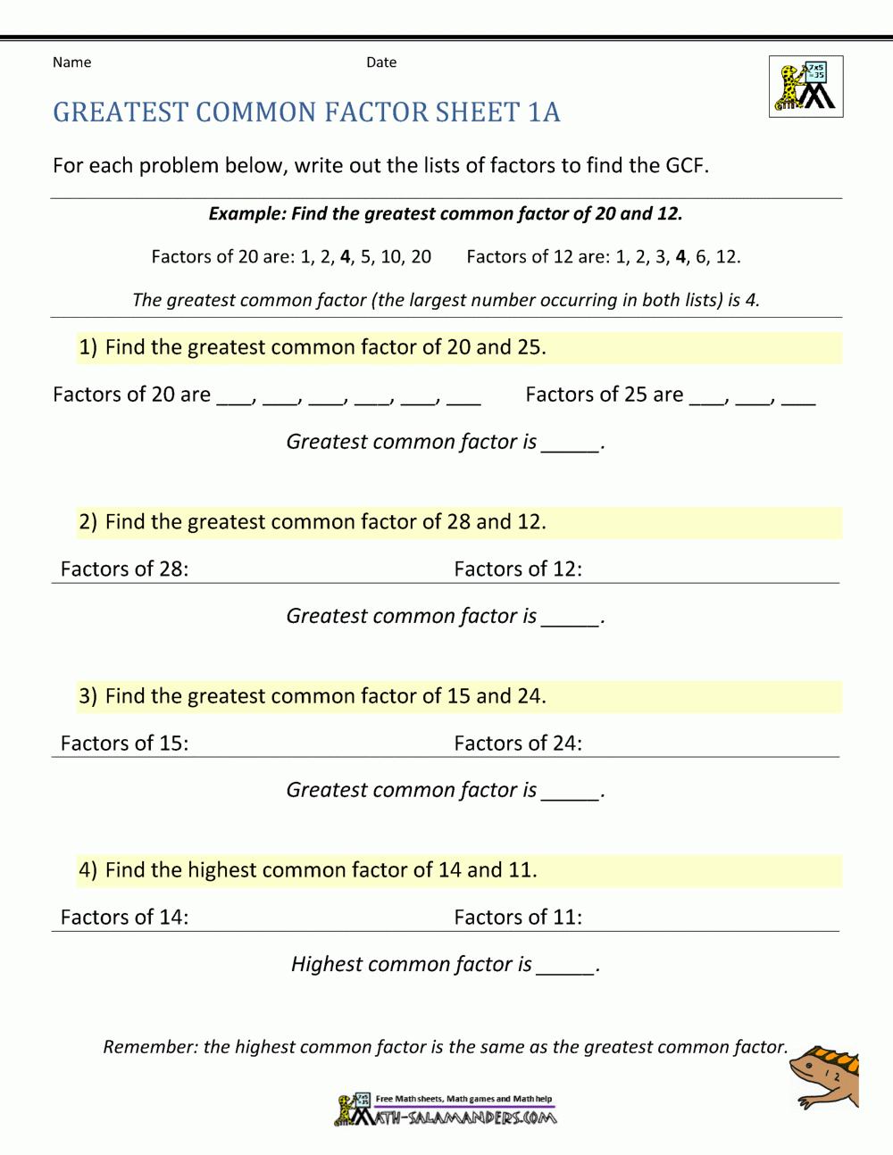 Greatest Common Factor Worksheet Page throughout Free Printable Greatest Common Factor Worksheets