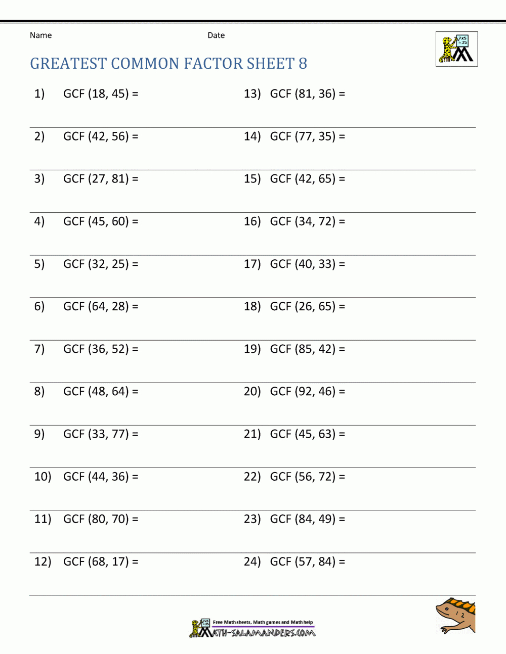 Greatest Common Factor Worksheet Page with Free Printable Greatest Common Factor Worksheets