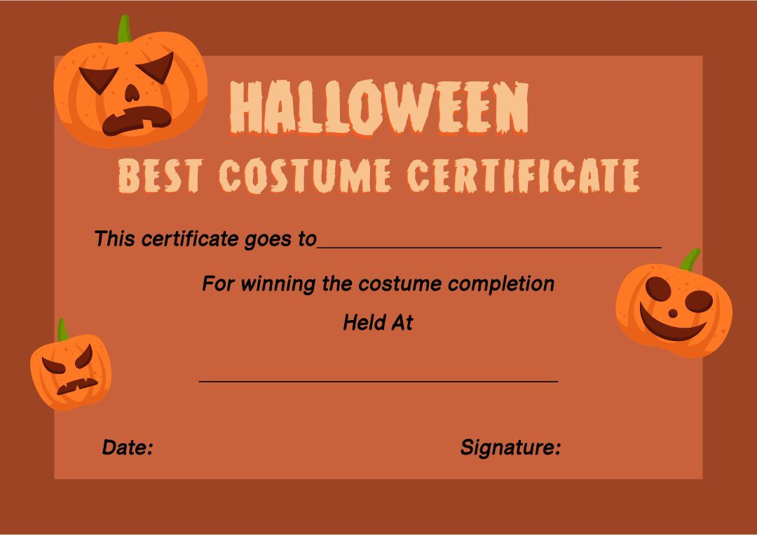 Halloween Costume Certificate Template | Certificate Templates for Best Costume Certificate Printable Free