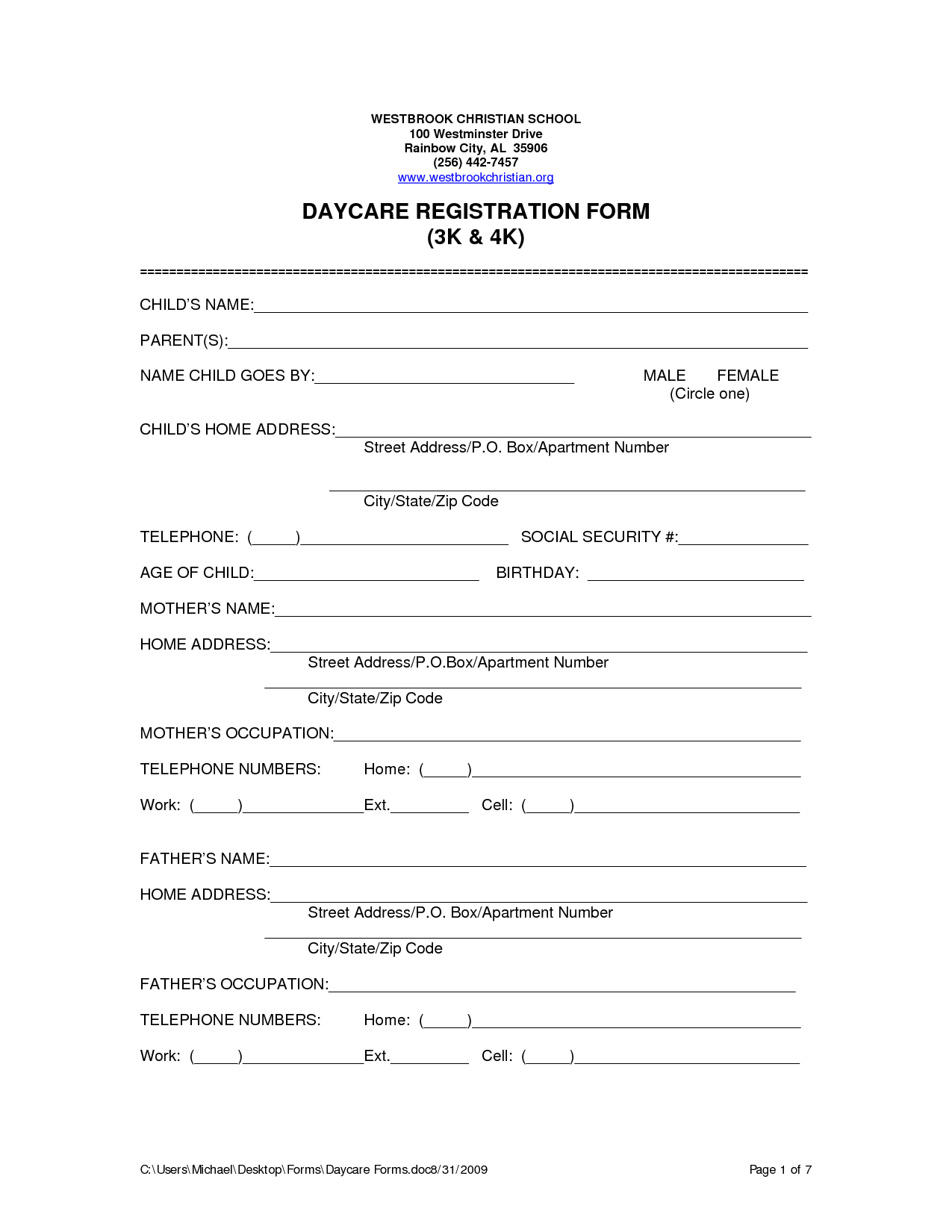 Home Day Care Forms Printable | Printablee | Daycare Forms for Free Printable Daycare Forms For Parents