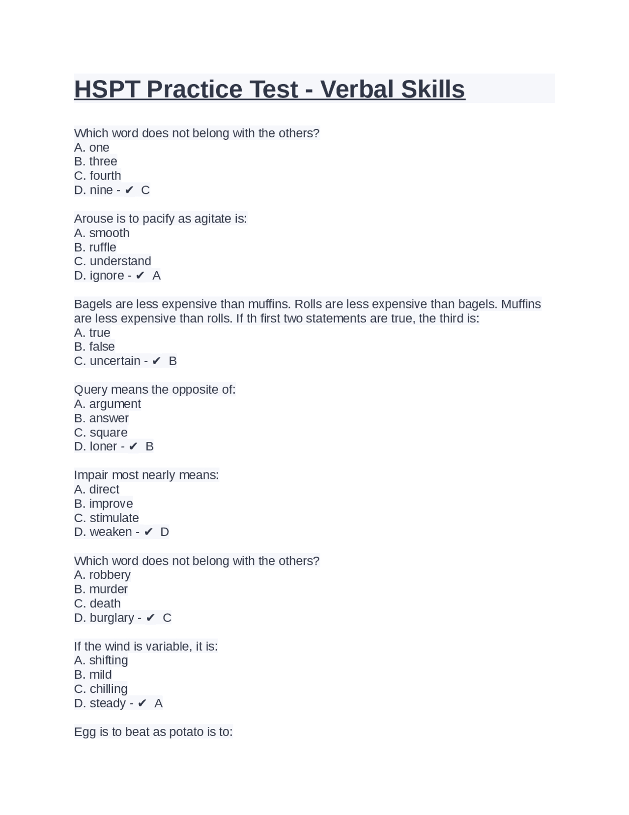 Hspt Practice Test - Verbal Skills With Answers | Exams Nursing within Free Printable Hspt Practice Test