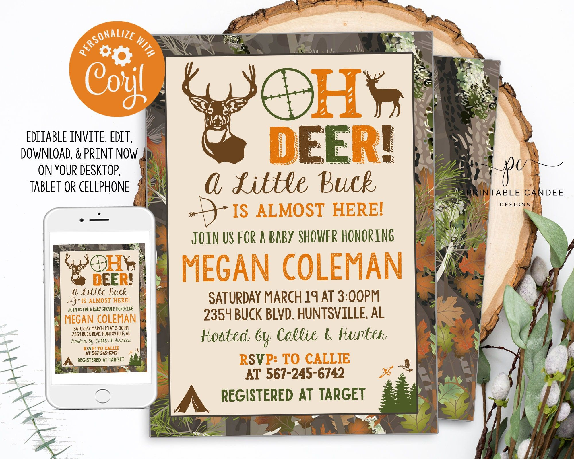 Hunting Baby Shower Invitation Camo Deer Invite Baby Boy Theme in Free Printable Camo Baby Shower Invitations