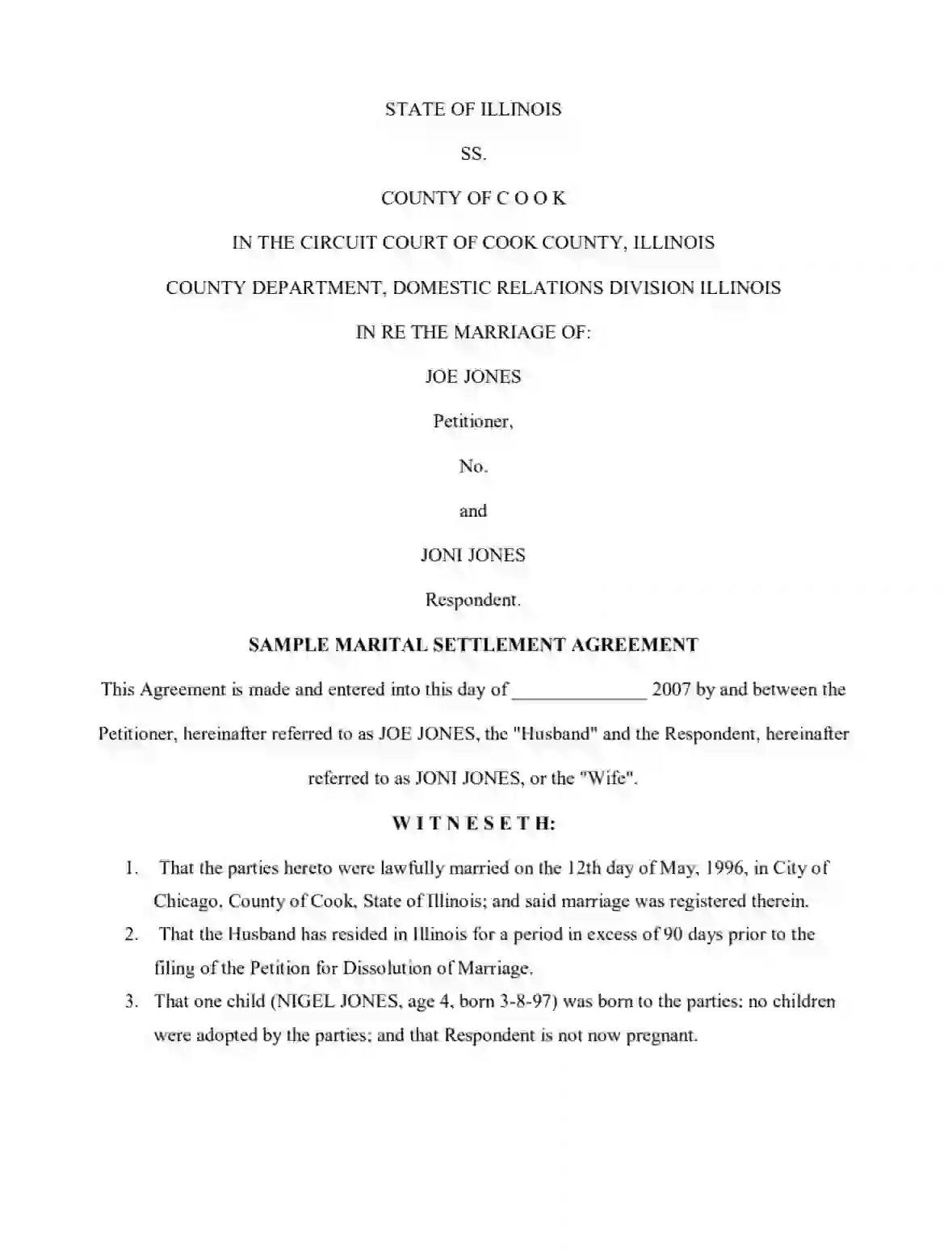 Illinois Divorce (Marital) Settlement Agreement Form [Pdf] for Free Printable Divorce Papers for Illinois