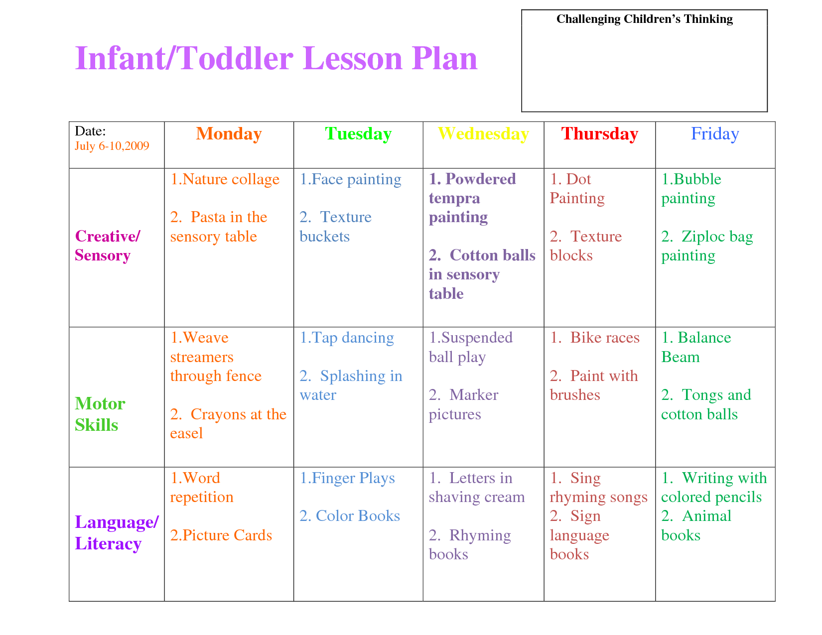 Infant Blank Lesson Plan Sheets | Infanttoddler Lesson Plan intended for Free Printable Infant Lesson Plans