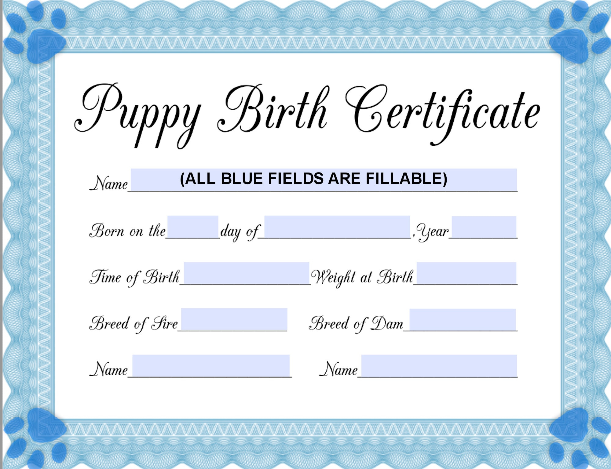 Instant Fillable Printable Pdf Puppy Birth Certificate Blue-Male intended for Free Printable Birth Certificates for Puppies