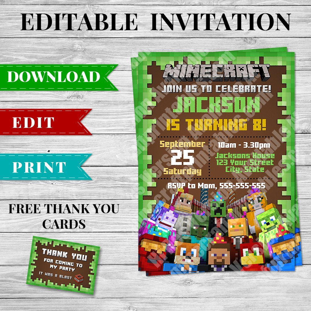 Invitations - Printable Minecraft Birthday Party Invitation within Free Printable Minecraft Invitations