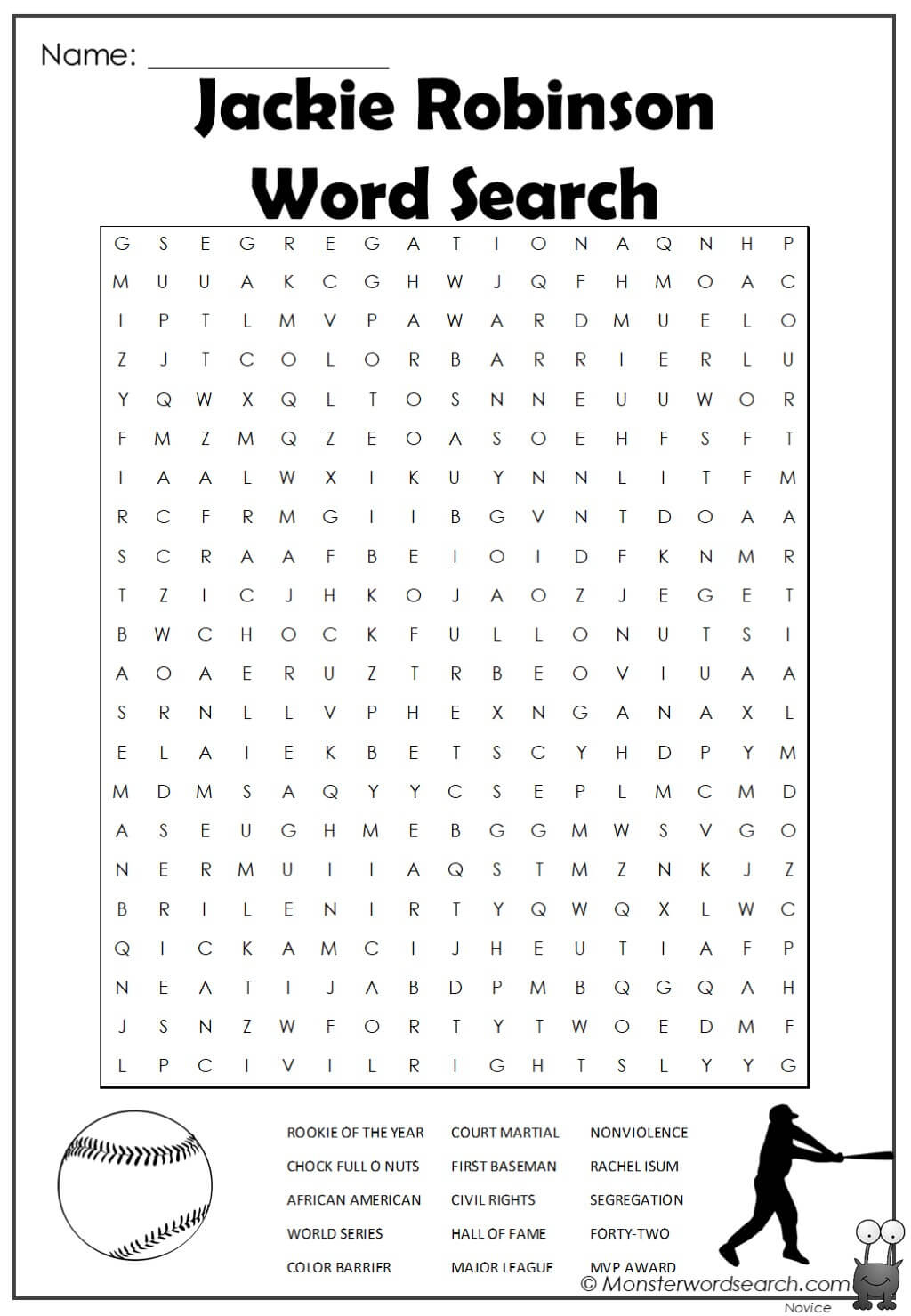 Jackie Robinson Word Search - Monster Word Search for Jackie Robinson Free Printables