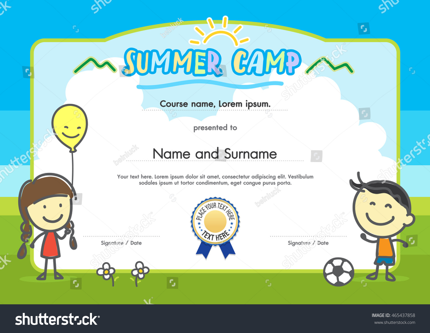 Kids Summer Camp Certificate Document Template Stock Vector regarding Free Printable Camp Certificates