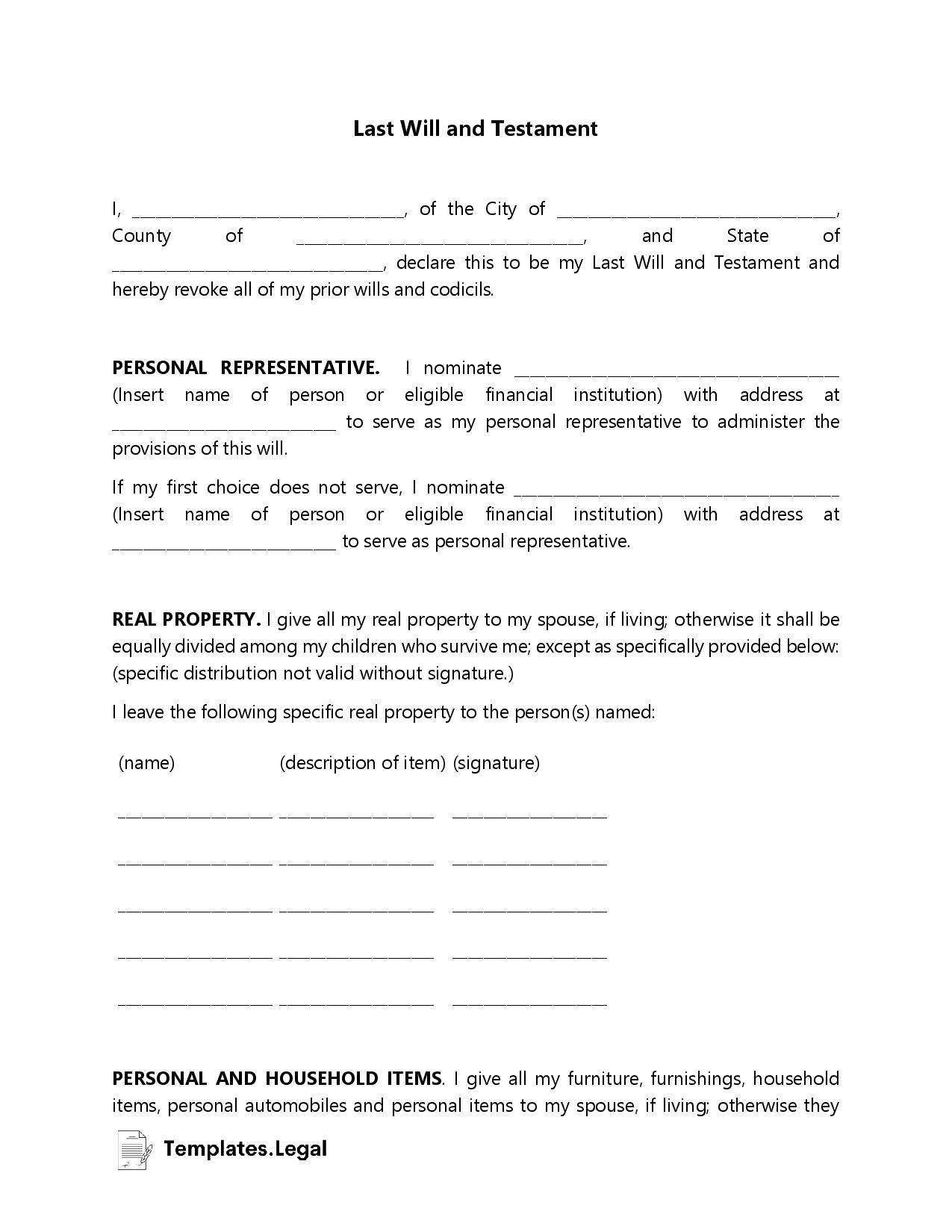 Last Will And Testament Templates [Word, Pdf, Odt] - Templates.legal in Free Printable Last Will And Testament Blank Forms