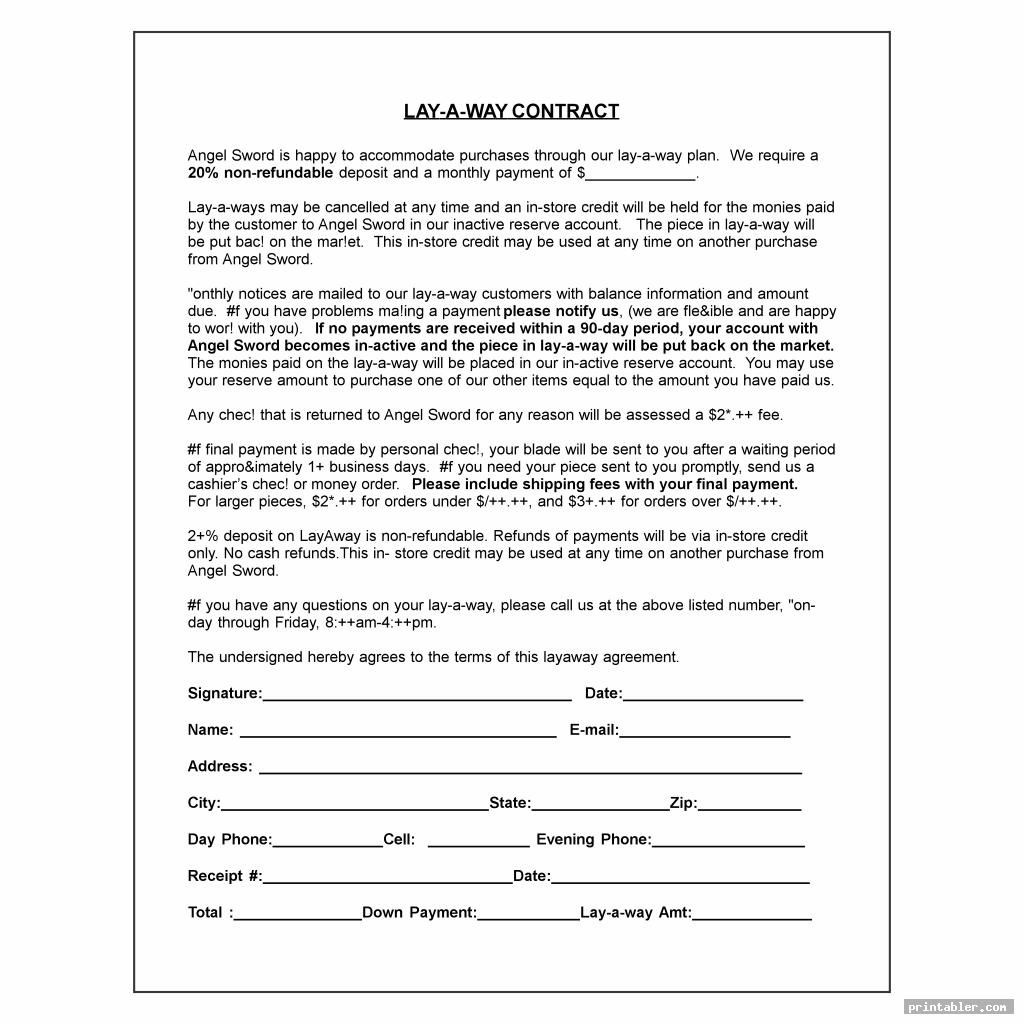 Layaway Contract Template Printable for Free Printable Layaway Forms