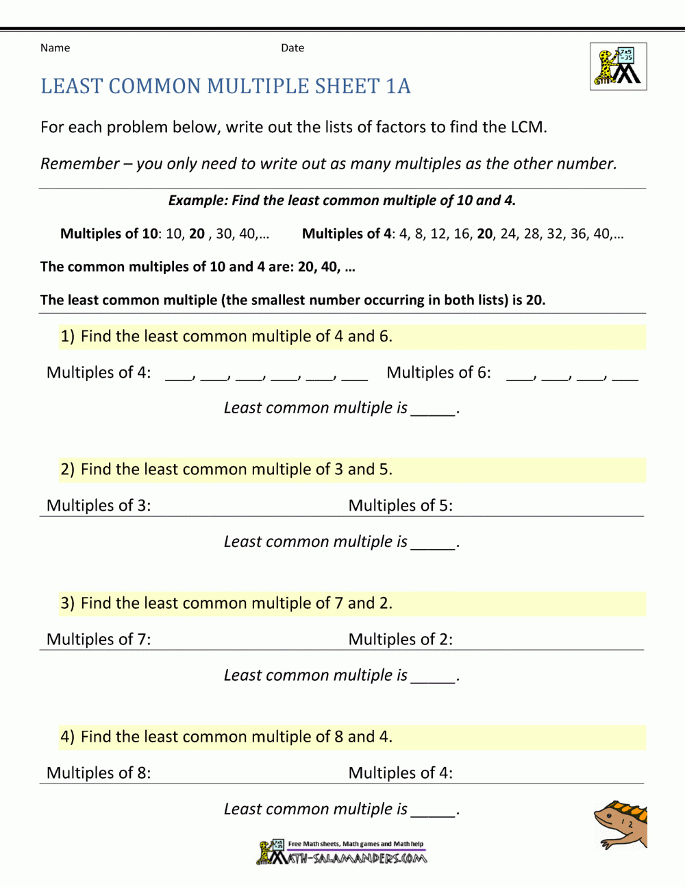 Least Common Multiple Worksheets Page throughout Least Common Multiple Worksheet Free Printable