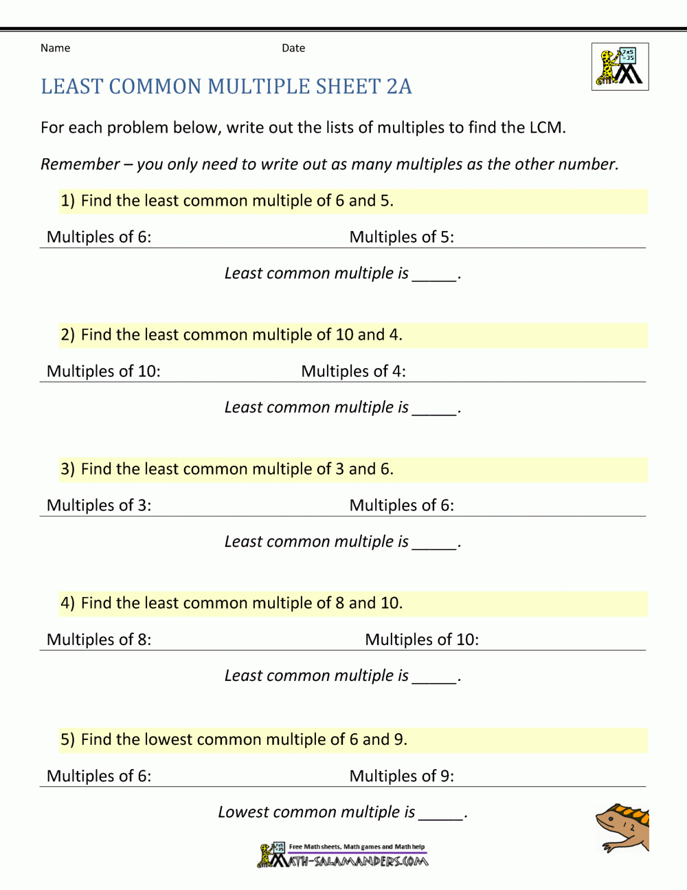 Least Common Multiple Worksheets Page with regard to Free Printable Lcm Worksheets