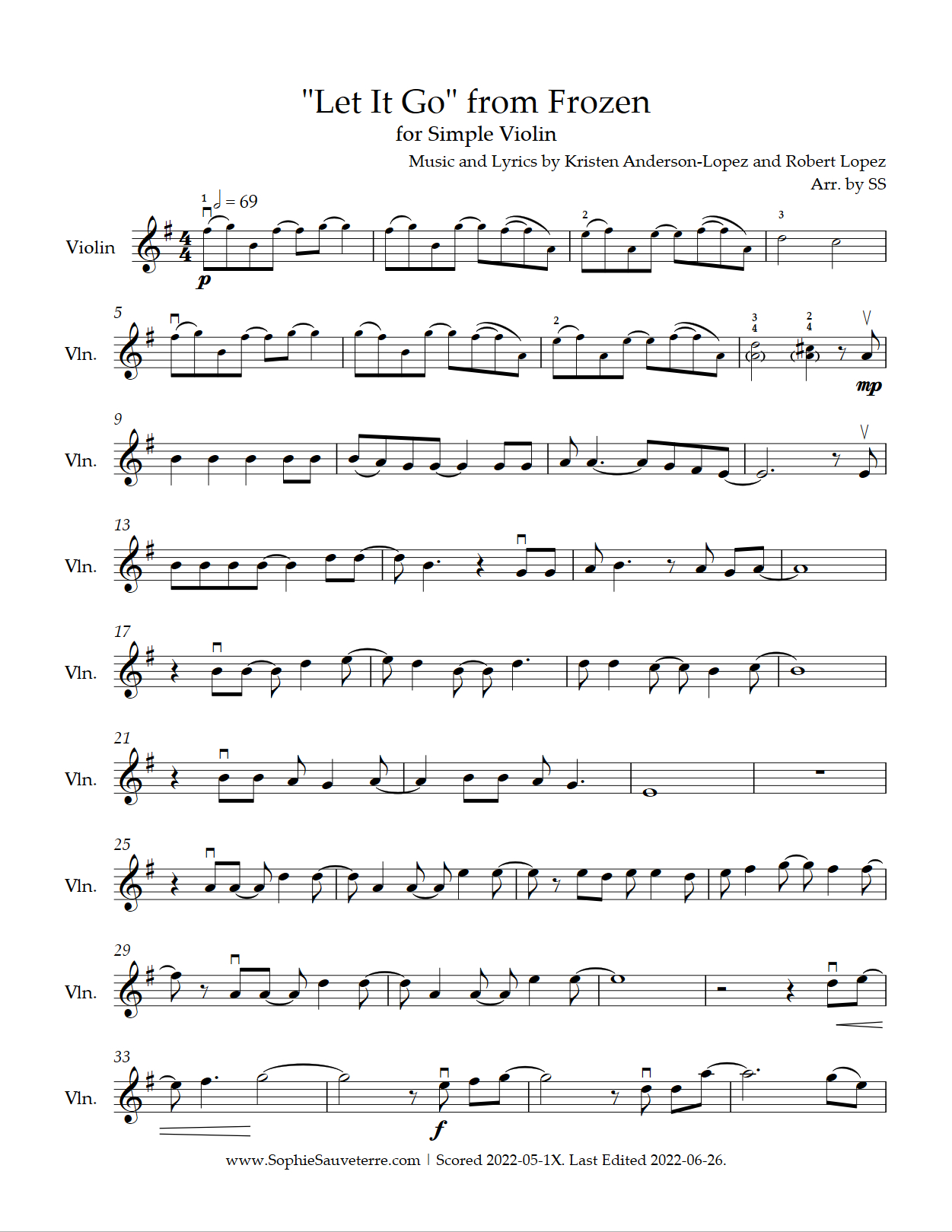 Let It Go – Frozen – Simple Violin Arrangement – Sophie Sauveterre pertaining to Let It Go Violin Sheet Music Free Printable