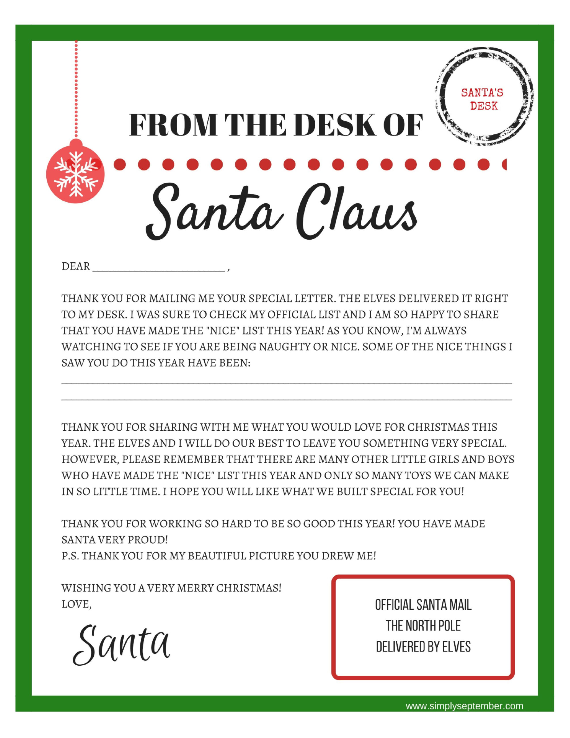 Letters To And From Santa: Free Printables - Simply September in Free Printable Letter From Santa Template