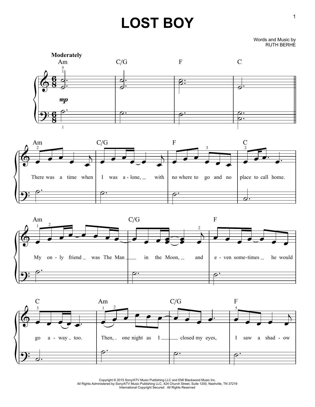 Lost Boy Sheet Music | Ruth B | Easy Piano with Lost Boy Piano Sheet Music Free Printable