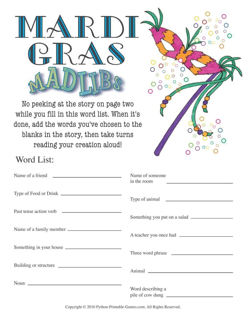 Mardi Gras Mad Libs | Mardi Gras Activities, Mardi Gras, Mardi throughout Free Printable Mardi Gras Games