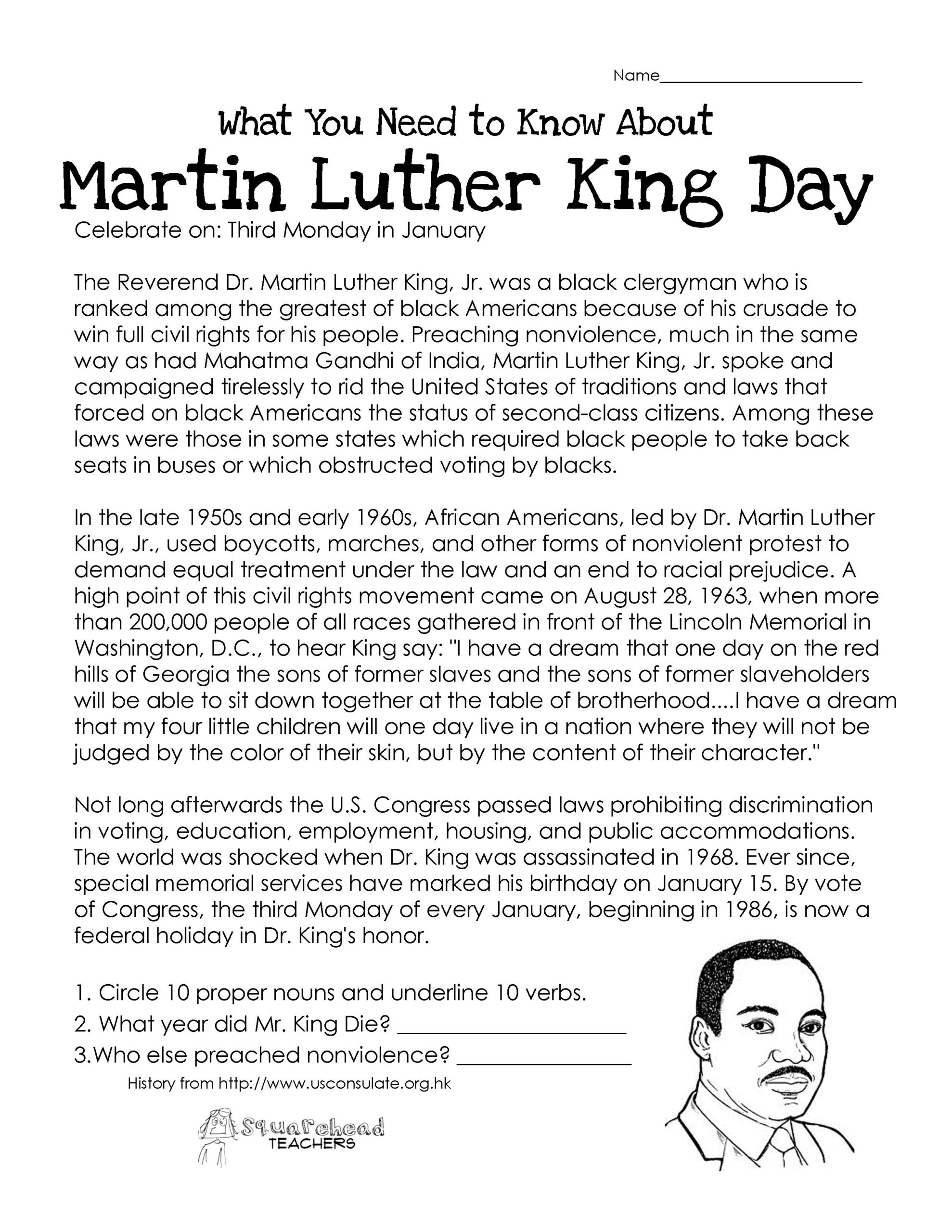 Martin Luther King Day (Free Worksheet) | Martin Luther King pertaining to Free Printable Martin Luther King Jr Worksheets