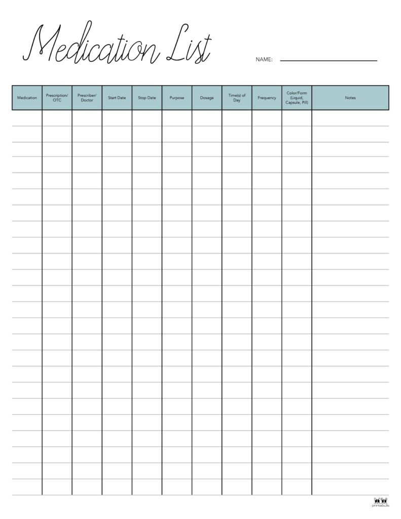 Medication List Templates - 25 Free Printables | Printabulls pertaining to Free Printable Medication List