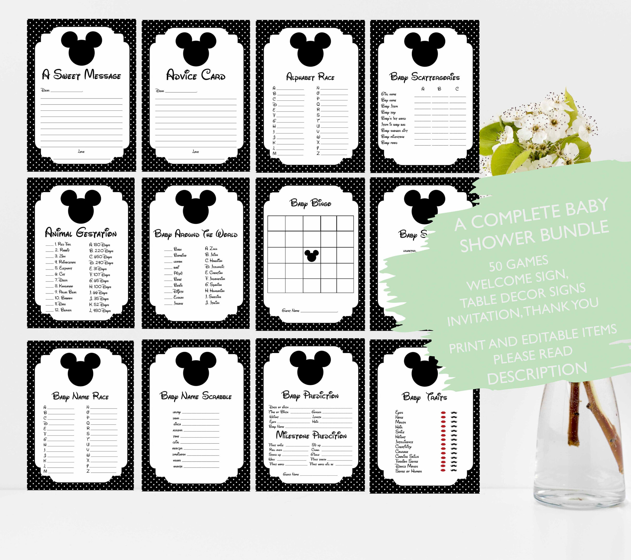 Mickey Mouse Baby Shower Bundle, Invitation, Games, Welcome Sign for Free Printable Mickey Mouse Baby Shower Games