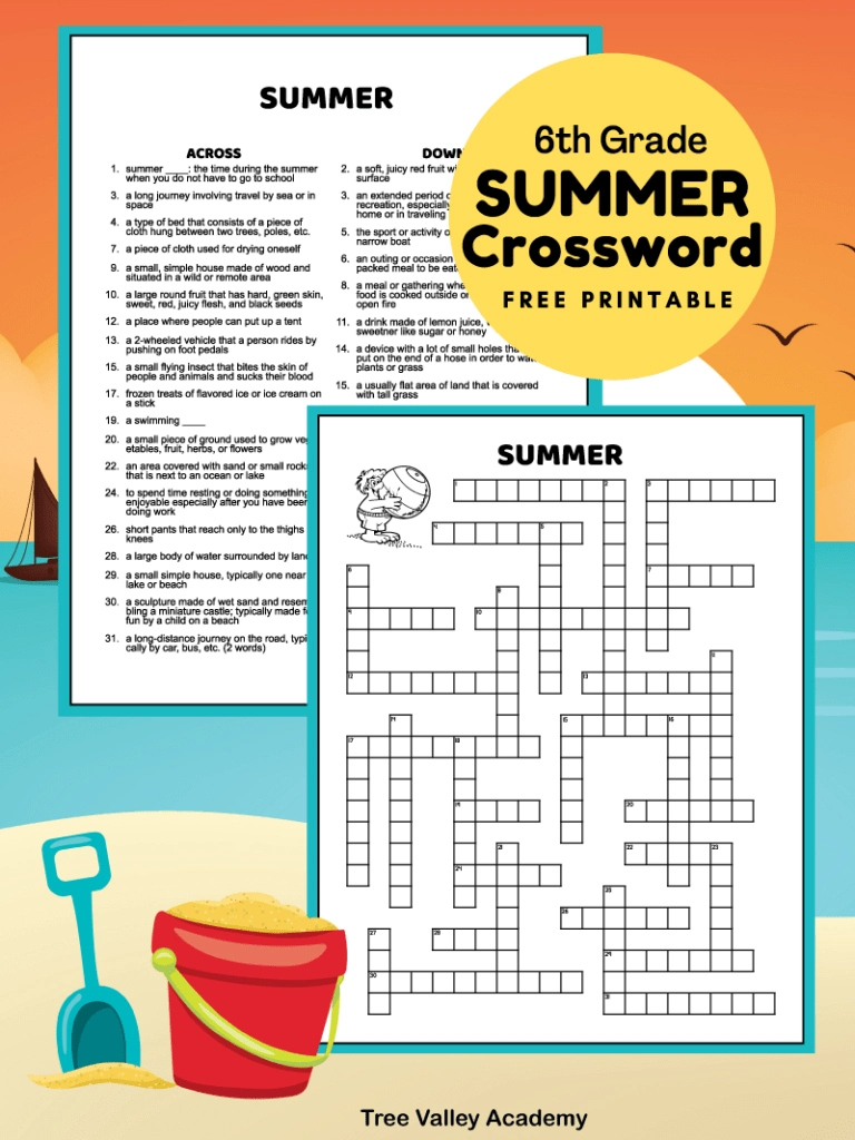 Middle School Summer Crossword Puzzle - Tree Valley Academy pertaining to Summer Crossword Puzzle Free Printable