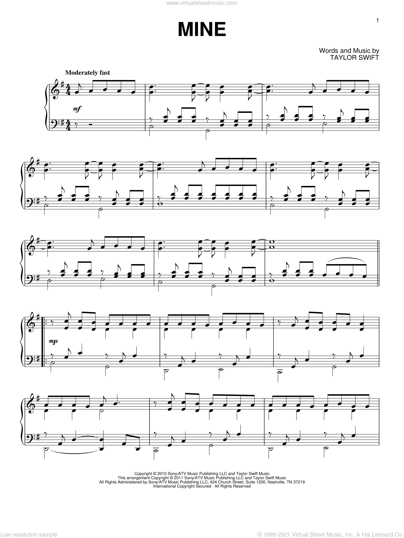 Mine, (Intermediate) Sheet Music For Piano Solo (Pdf-Interactive) regarding Taylor Swift Mine Piano Sheet Music Free Printable