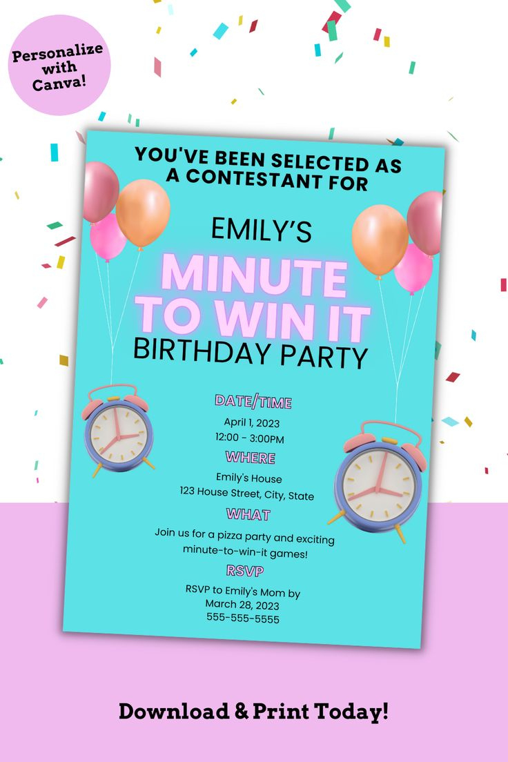 Minute To Win It Birthday Party Invitation Editable Template regarding Free Printable Minute to Win It Invitations