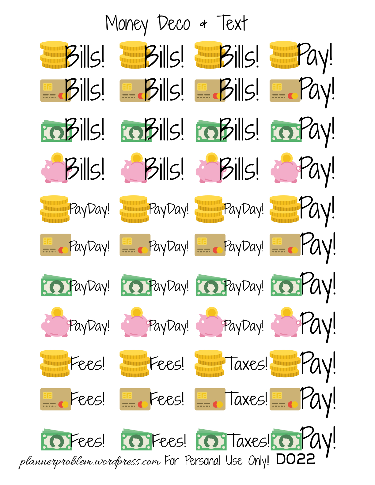 Money Deco &amp;amp; Text – Free Printable Planner Stickers – Plannerproblem with Free Printable Payday Stickers