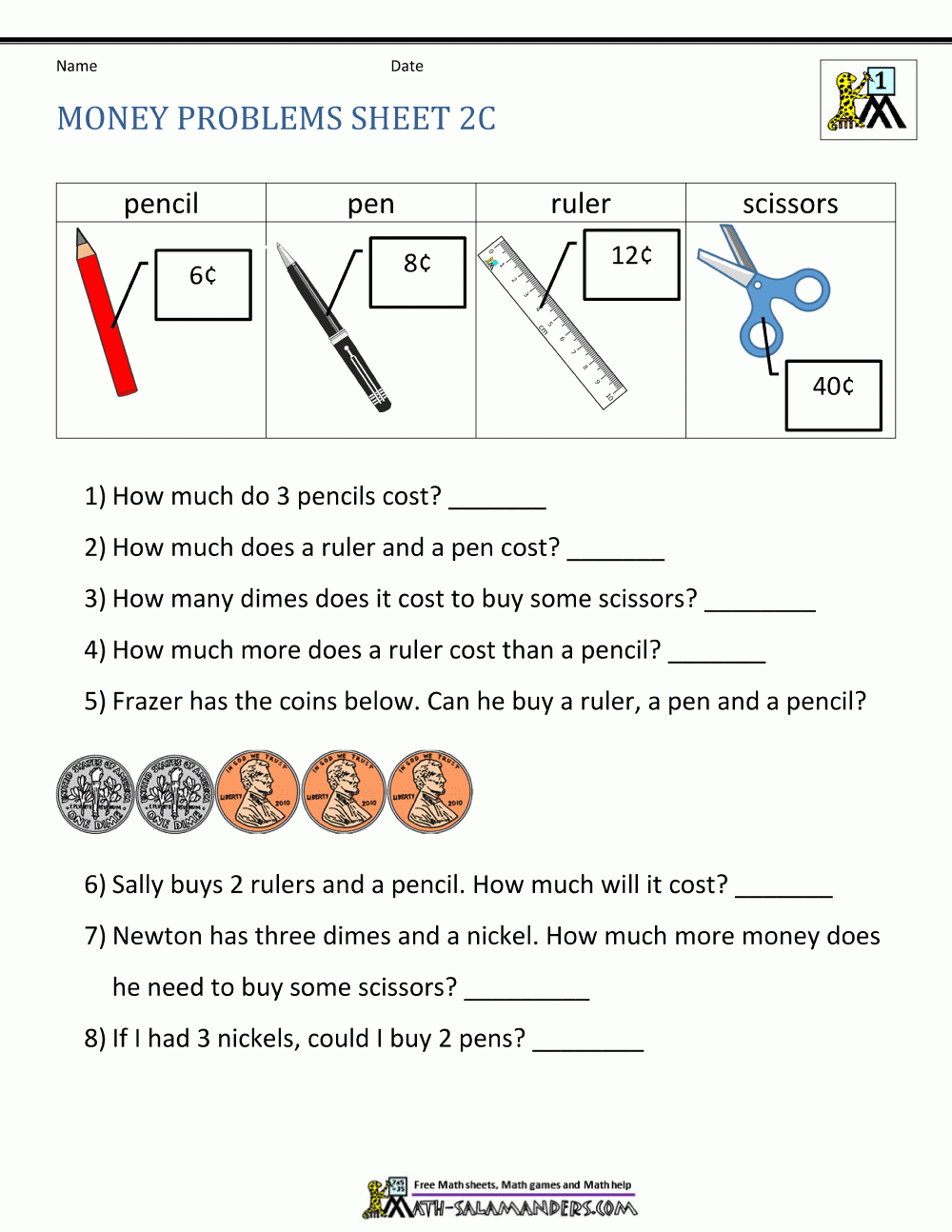 Money Worksheets For First Grade with Free Printable Money Word Problems Worksheets