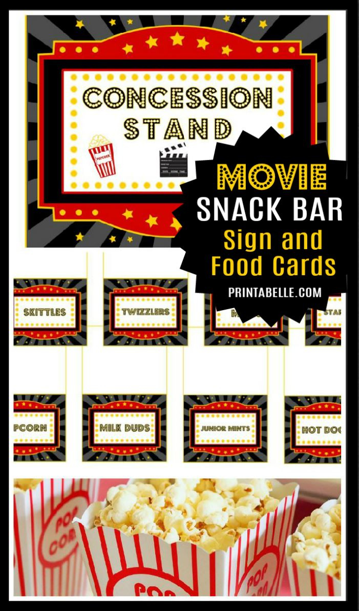 Movie Night Snack Cards Printables + Free Movie Concession Sign within Free Concessions Printable