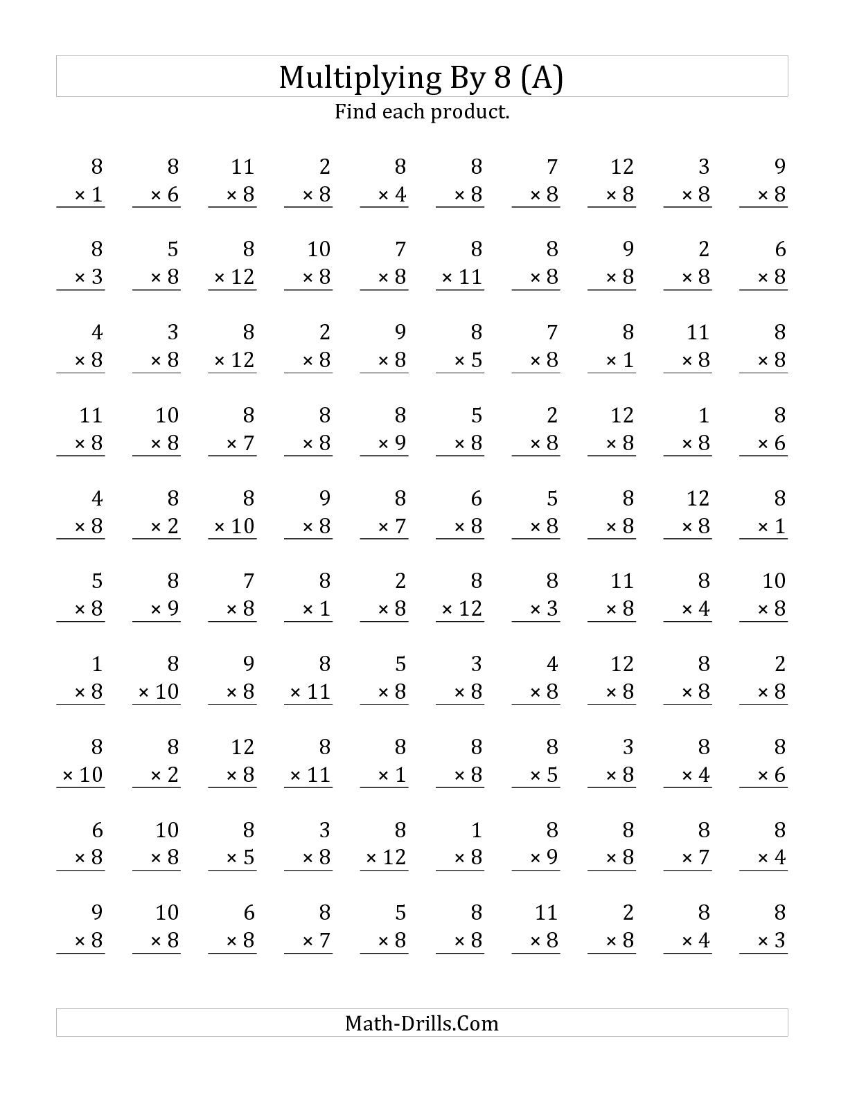 Multiplying (1 To 12)8 (100 Questions) (A) | Multiplication with regard to Free Printable Math Worksheets Multiplication Facts