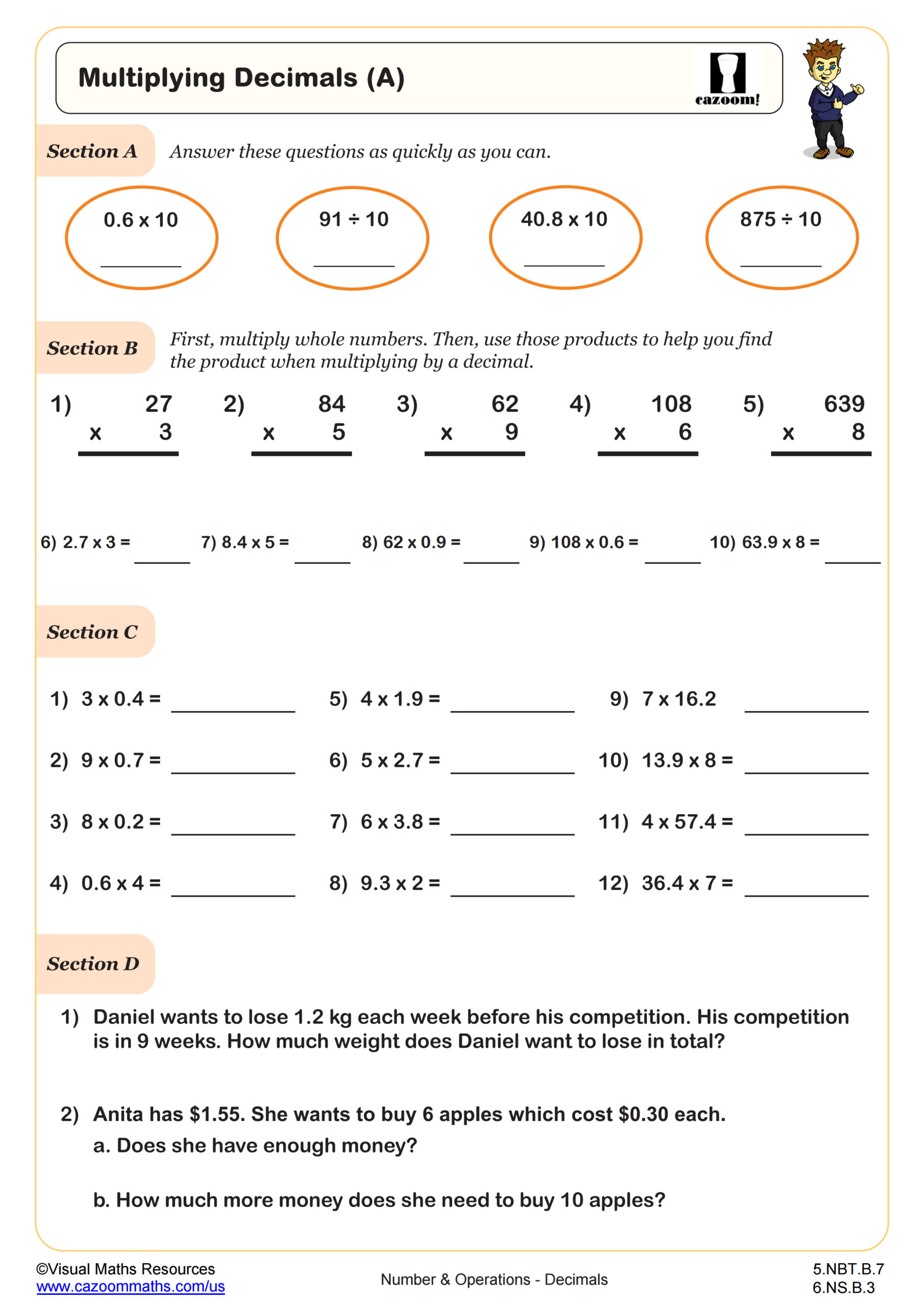 Multiplying Decimals (A) Worksheet | Pdf Printable Number for Multiplying Decimals Free Printable Worksheets