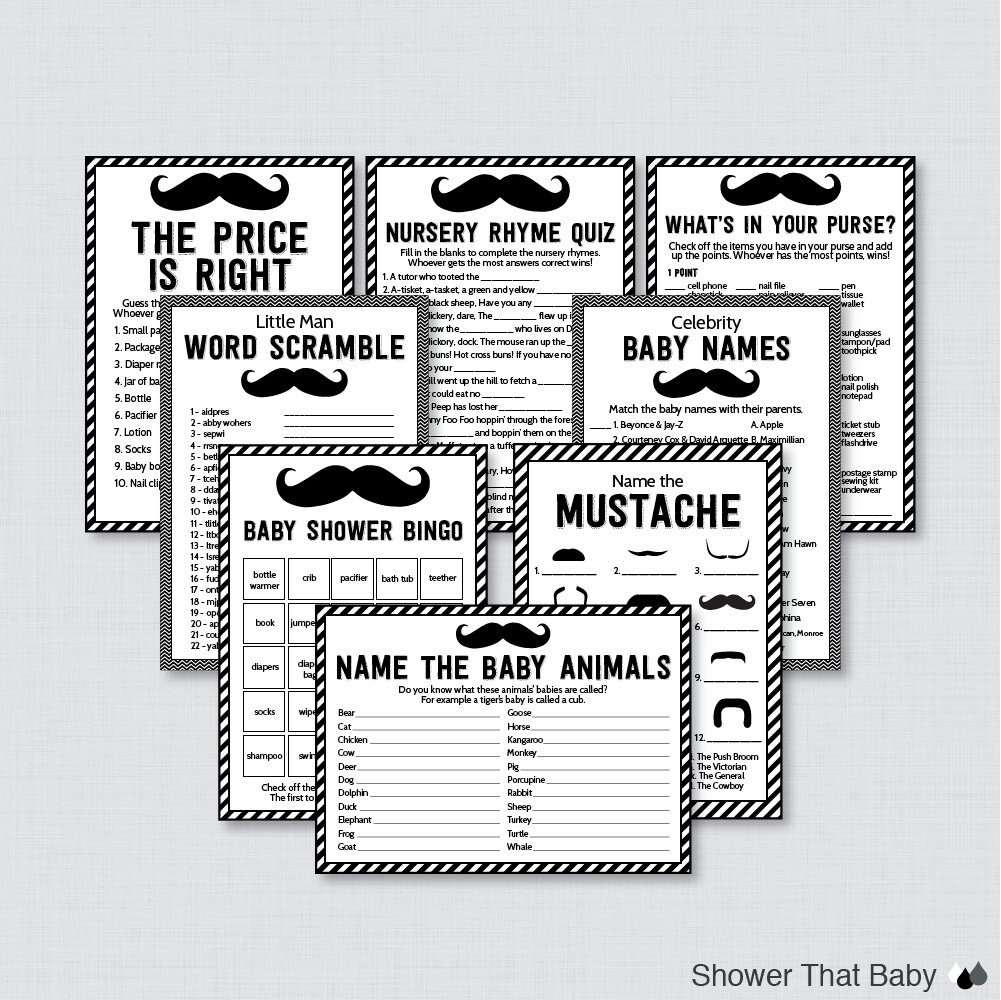 Mustache Baby Shower Games Package With Eight Printable Games throughout Mustache Baby Shower Games Free Printables