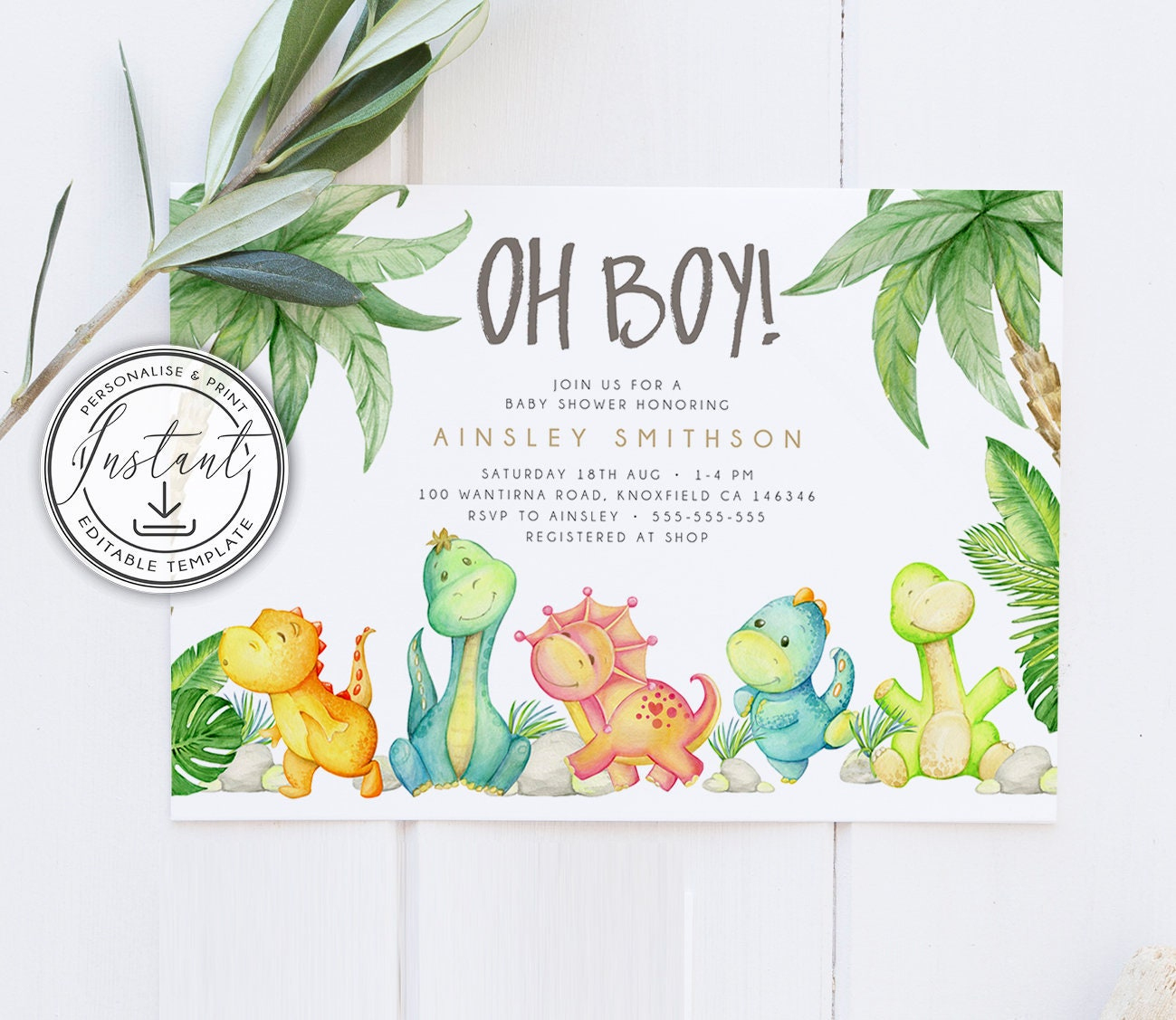 Oh Boy Dinosaur Baby Shower Invitation Editable Template, Instant for Free Printable Dinosaur Baby Shower Invitations