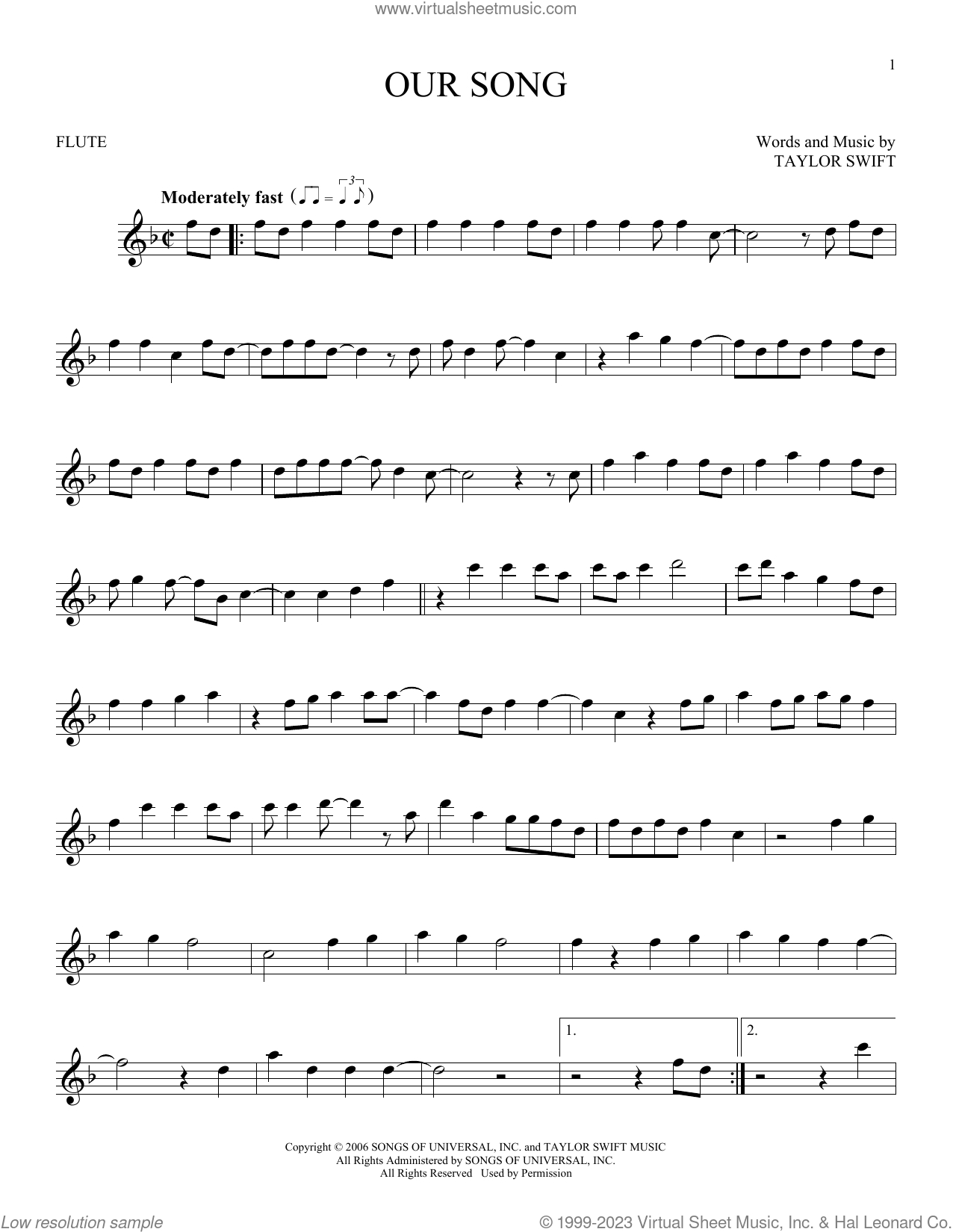 Our Song Sheet Music For Flute Solo (Pdf-Interactive) within Free Printable Flute Sheet Music for Pop Songs