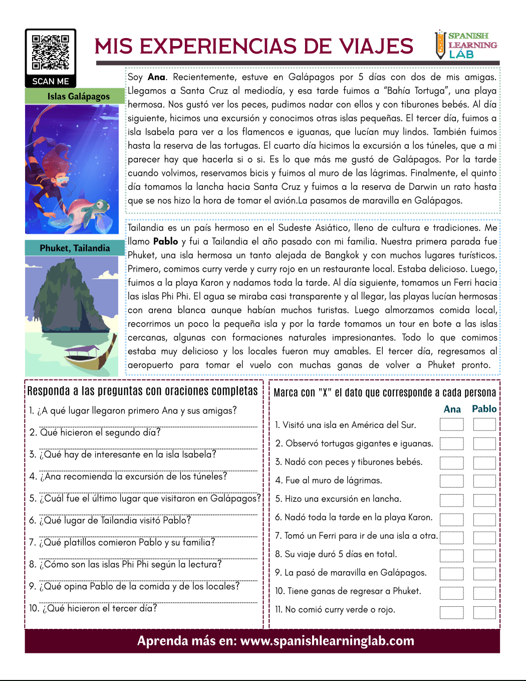 Our Travel Experiences In Spanish - Pdf Reading Worksheet pertaining to Free Printable Spanish Reading Comprehension Worksheets