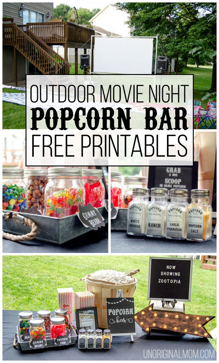 Outdoor Movie Night Popcorn Bar With Free Printables - Unoriginal Mom within Popcorn Bar Free Printables