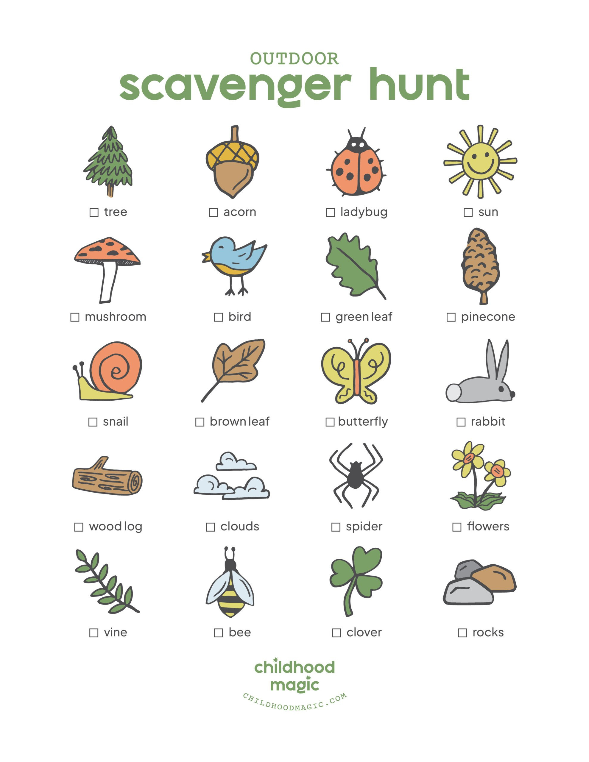 Outdoor Scavenger Hunt (Free Printable!) - Childhood Magic within Free Printable Scavenger Hunt