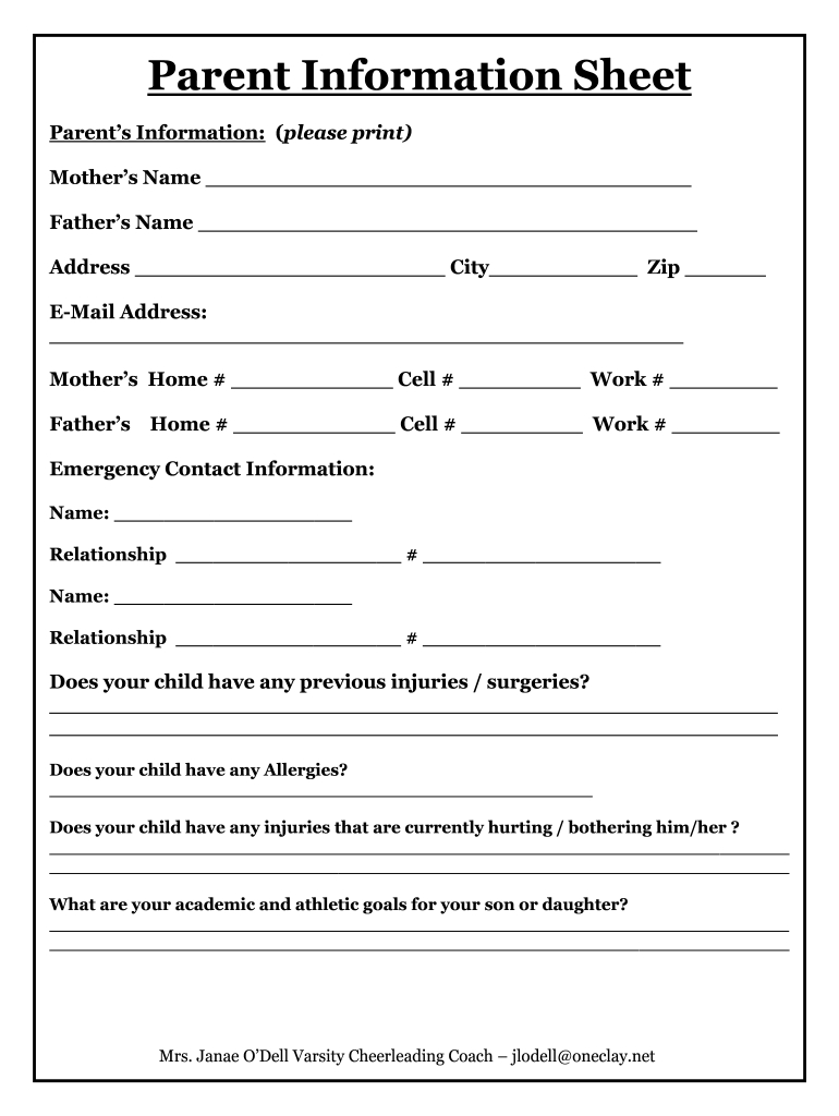 Parent Contact Information Sheet - Fill Online, Printable inside Free Printable Parent Information Sheet