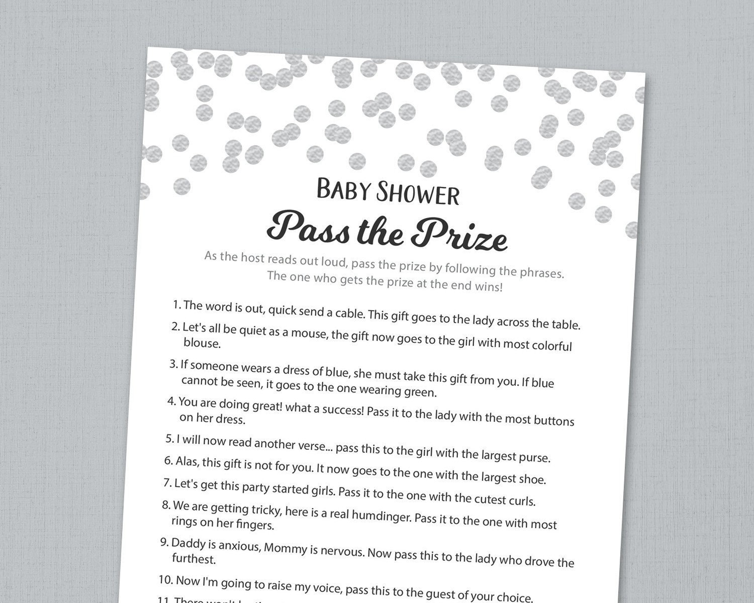 Pass The Prize Game, Baby Shower Game Printable, Silver Confetti with regard to Pass the Prize Baby Shower Game Free Printable