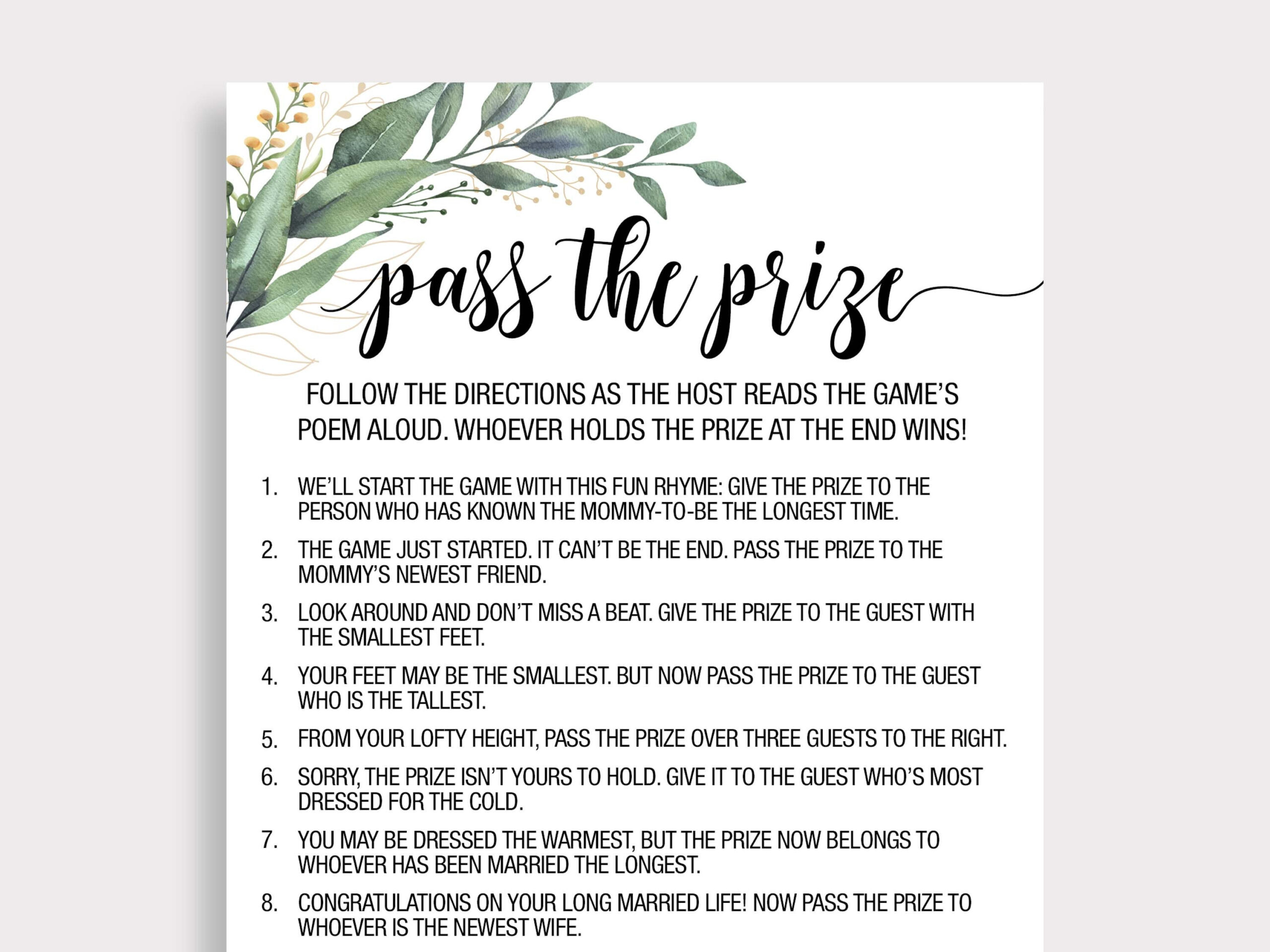 Pass The Prize Game, Rhyme Game, Greenery Baby Shower Game, Baby intended for Pass The Prize Baby Shower Game Free Printable