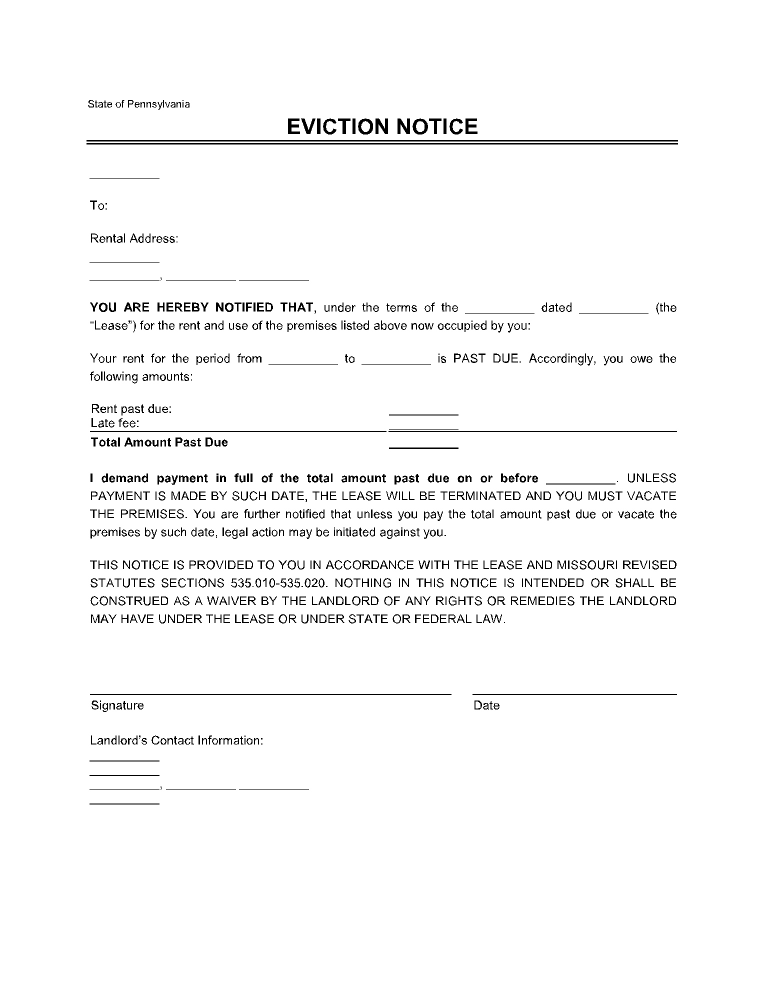 Pennsylvania Eviction Notice Form (Free Template) | Cocosign for Free Printable Eviction Notice Pa