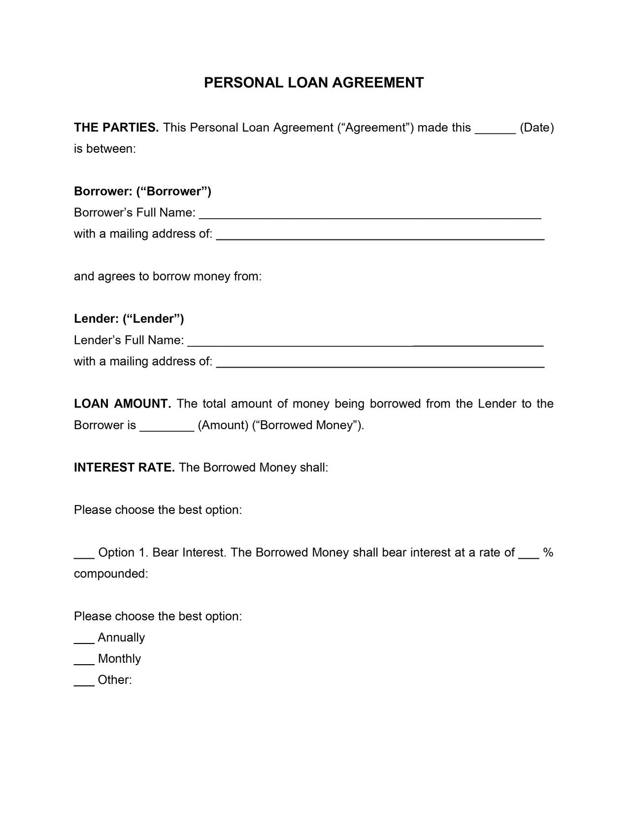 Personal Loan Agreement Template intended for Free Printable Blank Loan Agreement