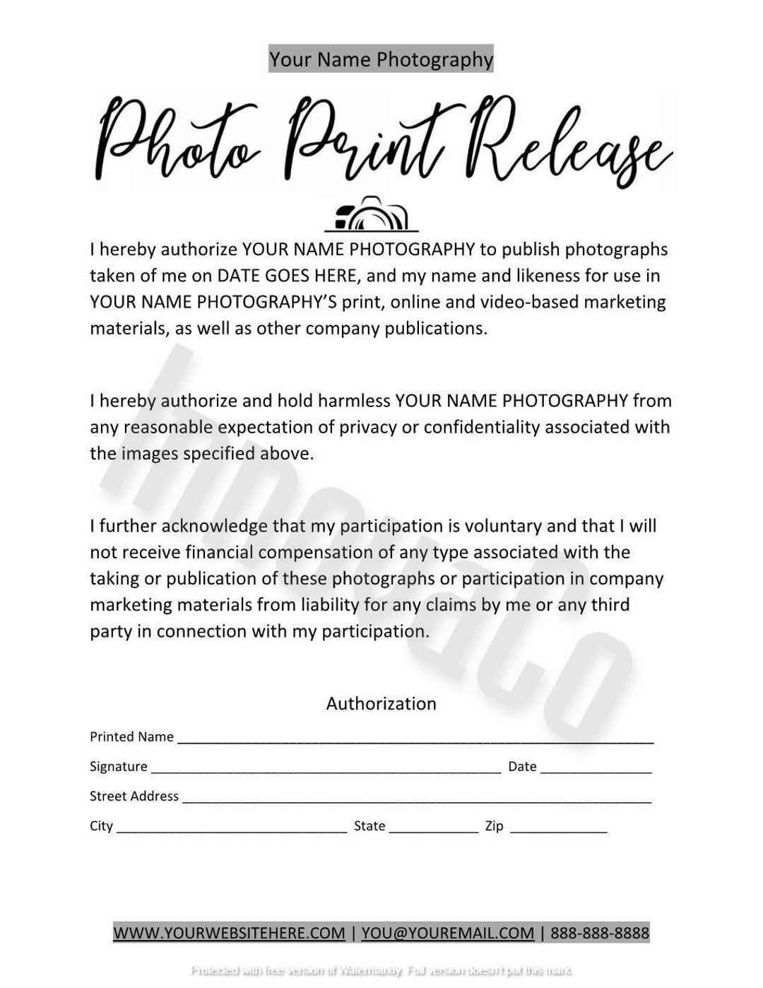 Photo Print Release Template, Photo Print Release Form pertaining to Free Printable Print Release Form