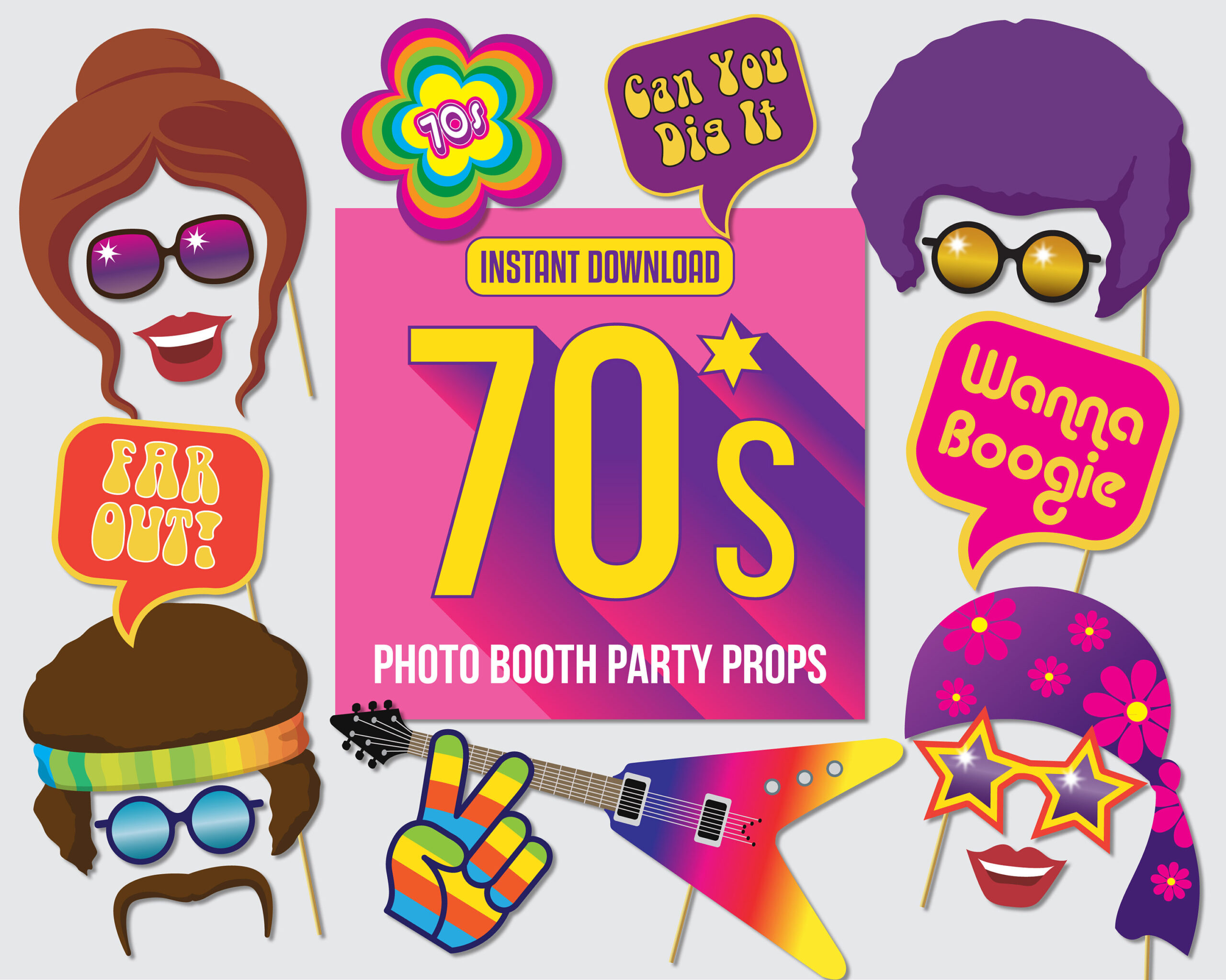 Photo Props Printable Party Props 1970S Photo Booth Party Instant inside Free Printable 70&amp;#039;S Photo Booth Props